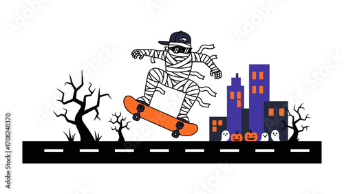 Mummy on Skateboard: A mummy dressed in bandages fearlessly rides a skateboard, set against a backdrop of a spooky urban cityscape, capturing the eerie essence of the Halloween spirit.