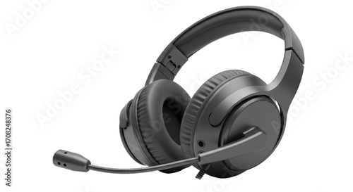 Isolated modern black over-ear headset with microphone for gaming, podcasting or video calls