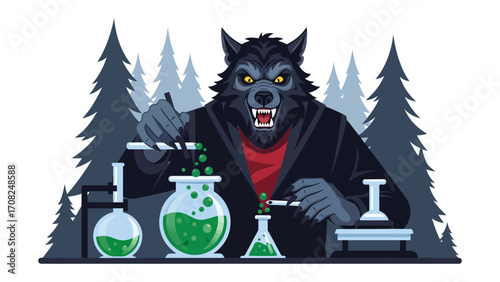 Werewolf Scientist: A conceptual illustration of a werewolf engaged in laboratory experimentation, with an array of beakers and flasks filled with bubbling green liquid and surrounded by pine trees.
