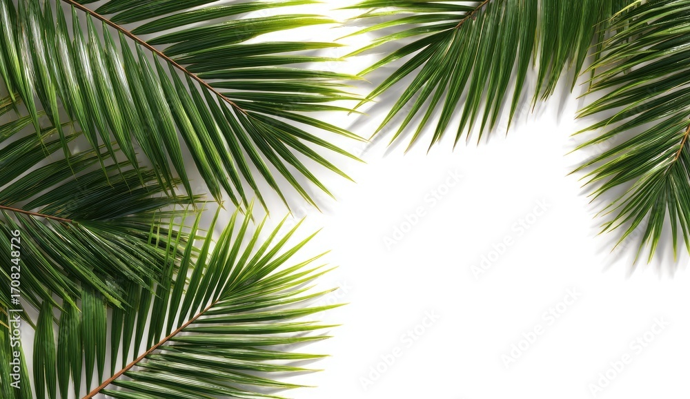 Fototapeta premium Tropical palm fronds frame a white background. Lush green leaves create a border