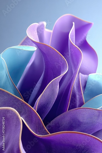 Close-up of abstract, draped,  purple and teal leaves