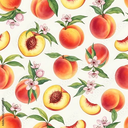 A delightful repeating pattern of whole and sliced peaches, adorned with delicate blossoms and lush foliage, creates a vibrant and cheerful visual.