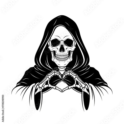 Skull in Dark Robo Making Love Hand Gesture - Black and White Outline Line Art Drawing
