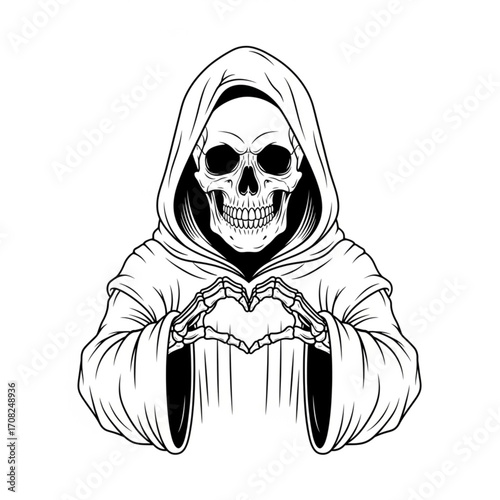 Skull in Dark Robo Making Love Hand Gesture - Black and White Outline Line Art Drawing