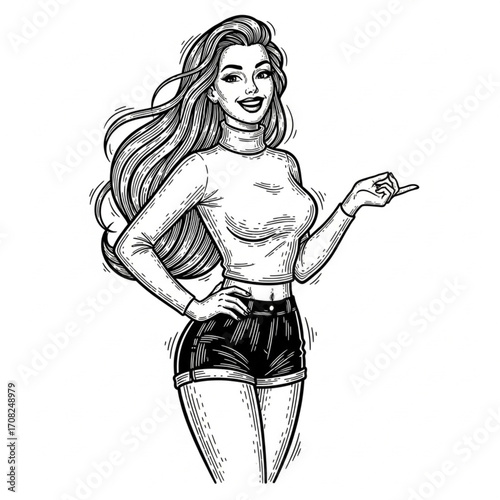Cheerful Pin-Up Girl with Long Hair in Turtleneck and Shorts - Engraving Style AI Vector Illustration