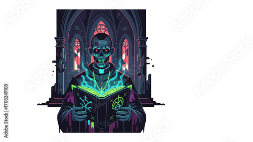 Necromantic Ritual: An eerie figure in gothic garb, radiating with mystical energy as they delve into the forbidden pages of a spellbook in a darkened gothic cathedral.