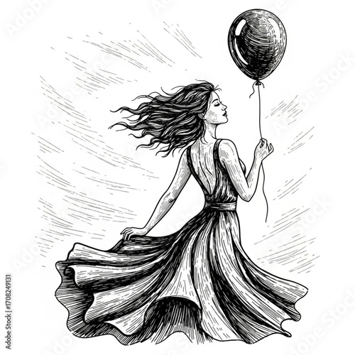 Woman in Dress with Flowing Hair Holding Balloon - Engraving Style AI Raster Illustration