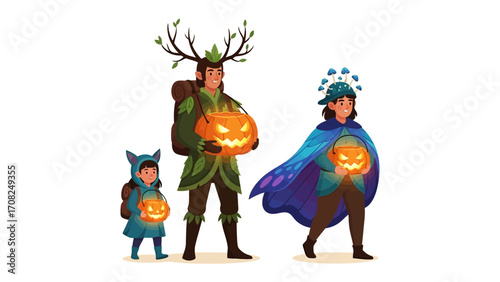 Halloween Procession: A festive family, adorned in creative costumes, proudly carries glowing jack-o'-lanterns in a vividly colored illustration, embodying the spirit of the spooky season.