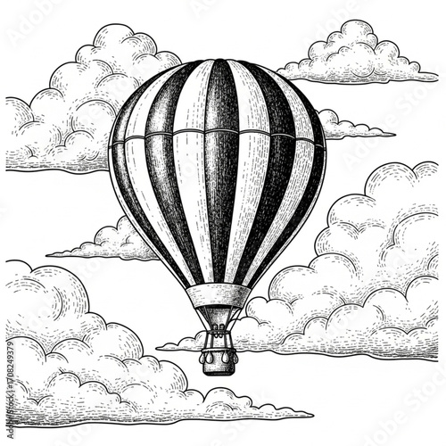 Striped Hot Air Balloon Floating in Sky with Fluffy Clouds - Retro Engraving Style AI Raster Illustration