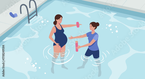 Pregnant woman exercising with weights in pool with instructor  