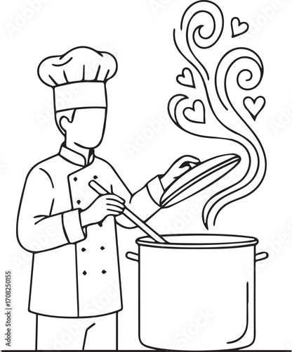 Chef Cooking Soup with Love Line Art Icon – Restaurant and Culinary Logo Design