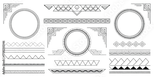A diverse collection of black and white geometric ornaments, featuring circular frames, corner pieces, and various border patterns