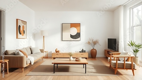 Minimalist Nordic living room with wooden accents and abstract art, bathed in soft natural light.