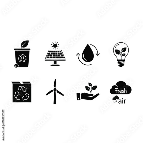 Collection of black and white environmental icons, representing sustainable practices like recycling, solar energy, water conservation, and wind power.