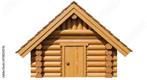 Photography Isolated cabin constructed of wooden logs with a gable roof, no background for e