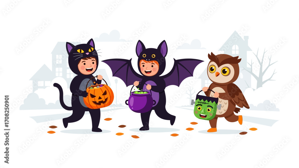 Fototapeta premium Enchanting Halloween Trio: Adorable children in captivating costumes gather candy, capturing the magical spirit of Halloween.