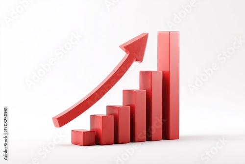 Red bar graph with upward trending arrow, on a white background. A 3D representation of a growing graph illustrates increasing values Free Download Red bar graph with upward trending arrow, on a white background. A 3D representation of a growing graph illustrates increasing values - GFXLoad