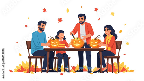 Halloween Carving Family Fun: A heartwarming tableau captures the essence of autumn as a family gathers to carve pumpkins, a vivid representation of a fall ritual, conveying unity, creativity.