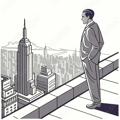 Illustration of a businessman in suit standing on rooftop looking at city skyline with skyscrapers symbolizing success ambition leadership and vision in urban business concept