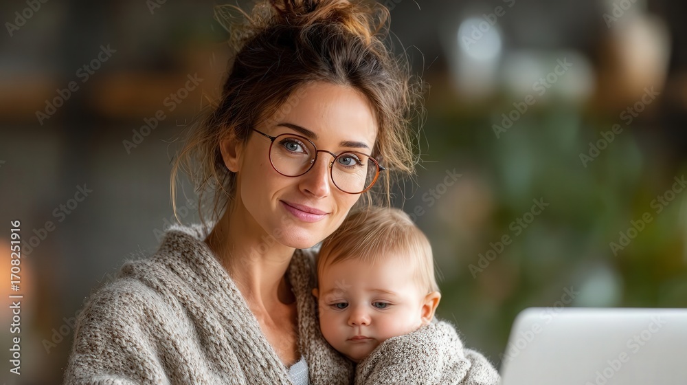 Obraz premium a serene yet bustling mother in dual roles, holding baby and laptop, in an inspiring workspace