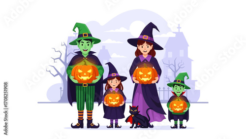 Halloween Witch Family: A charming cartoon depiction of a witch family ready for Halloween, with each member holding a carved pumpkin.