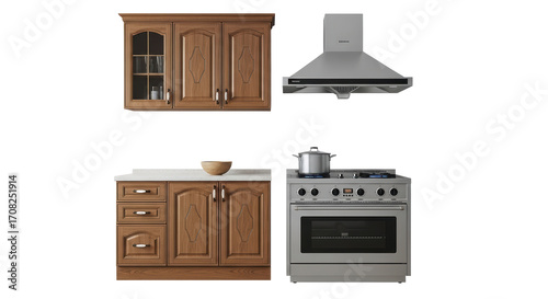 Obraz na płótnie Isolated kitchen furniture set with cabinets, oven, and range hood for home furn