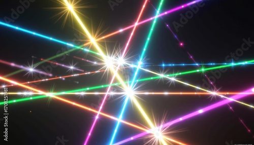 Colorful intersecting laser beams with glowing sparks light bursts and star effects.
