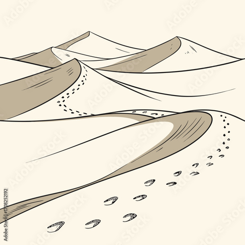Footprints trail across rolling sand dunes under a clear sky in a minimalist desert landscape illustration
