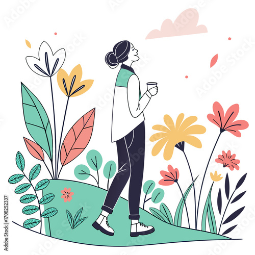 Woman enjoying a peaceful moment with coffee amidst colorful blooming flowers and lush greenery