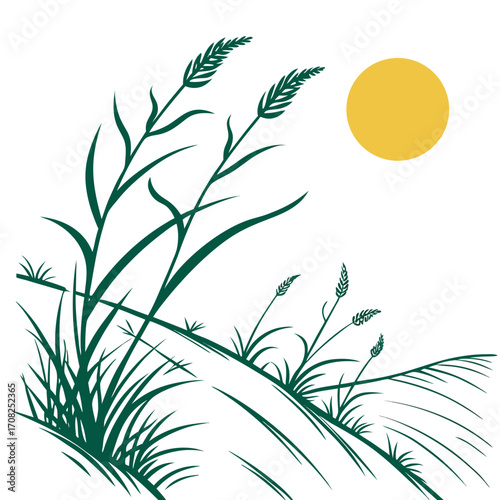 Stylized green grass silhouettes against a white background with a simple yellow sun in the upper right corner