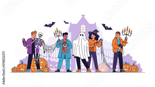 Spooky Celebrations: A group of friends gathers in festive Halloween costumes, decorated with festive props against the backdrop of an ominous house and a moonlit night. 