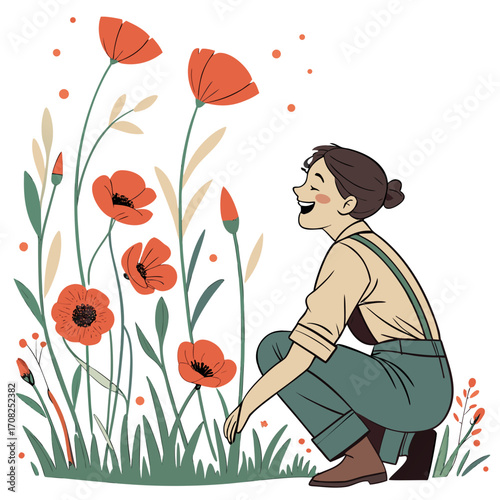 Joyful young woman in overalls happily crouching among vibrant red poppies in a field
