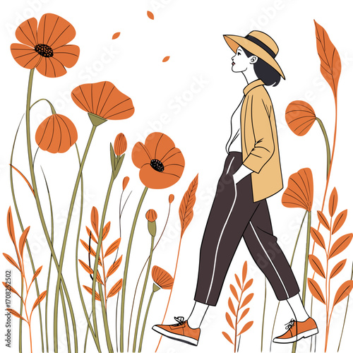 Stylish woman in a hat walks through a field of vibrant orange poppies and autumn foliage