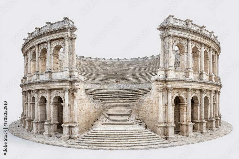 Obraz premium Ruined amphitheater, light beige stone, isolated