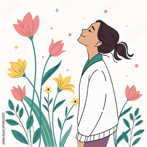 Young woman with closed eyes inhaling the scent of blooming flowers in a peaceful garden setting