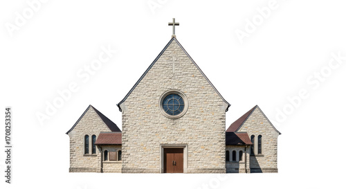Isolated church building with cross on roof, sandstone structure on no background for design