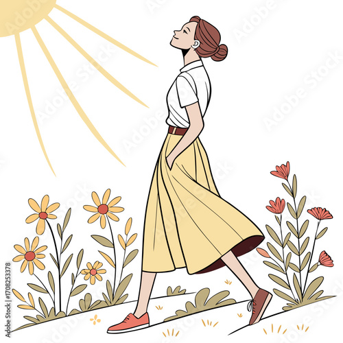 Young woman walking happily in a sunny field surrounded by flowers and greenery