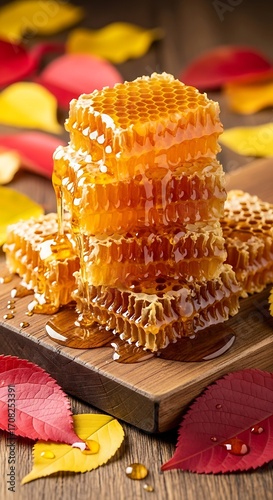 Honeycomb stacks drizzled with honey, resting on a wooden board, surrounded by vibrant autumn leaves.