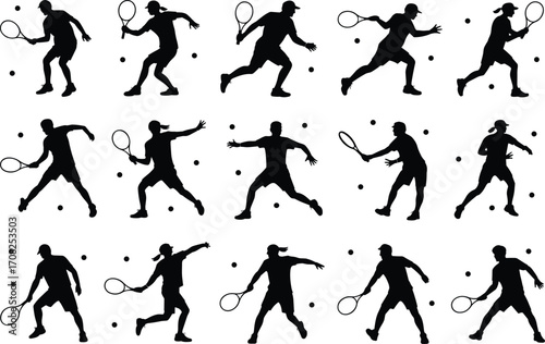 movement, black vector icons, dynamic stances, game technique, tennis match, player form, silhouette set, white background, tennis graphics, sports illustration, athlete pack