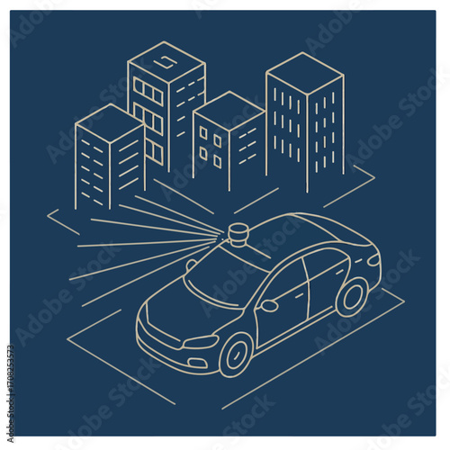 Autonomous Car with LiDAR in City – Self-Driving Vehicle Icon (Dark Card)