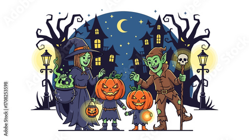 Spooky Halloween Family: A whimsical Halloween illustration features a cheerful witch, a mischievous goblin, and two children in pumpkin costumes, all under the eerie glow of a moonlit sky.