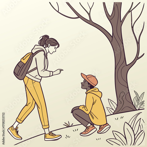 Mother and Child Conversing on Nature Hike Adventure