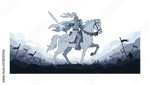 Knightly Journey: A brave knight, clad in shining armor, rides a valiant steed, sword in hand, embarking on a noble quest with flags waving high.