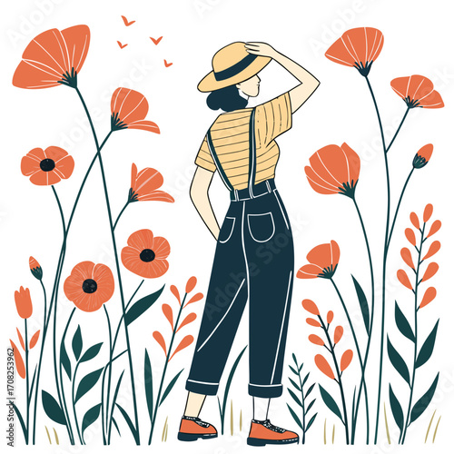 Woman in straw hat and overalls standing in a field of vibrant orange poppies and green foliage