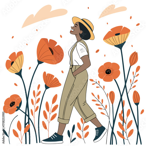 Joyful woman wearing a straw hat and overalls walks through a field of vibrant orange poppies