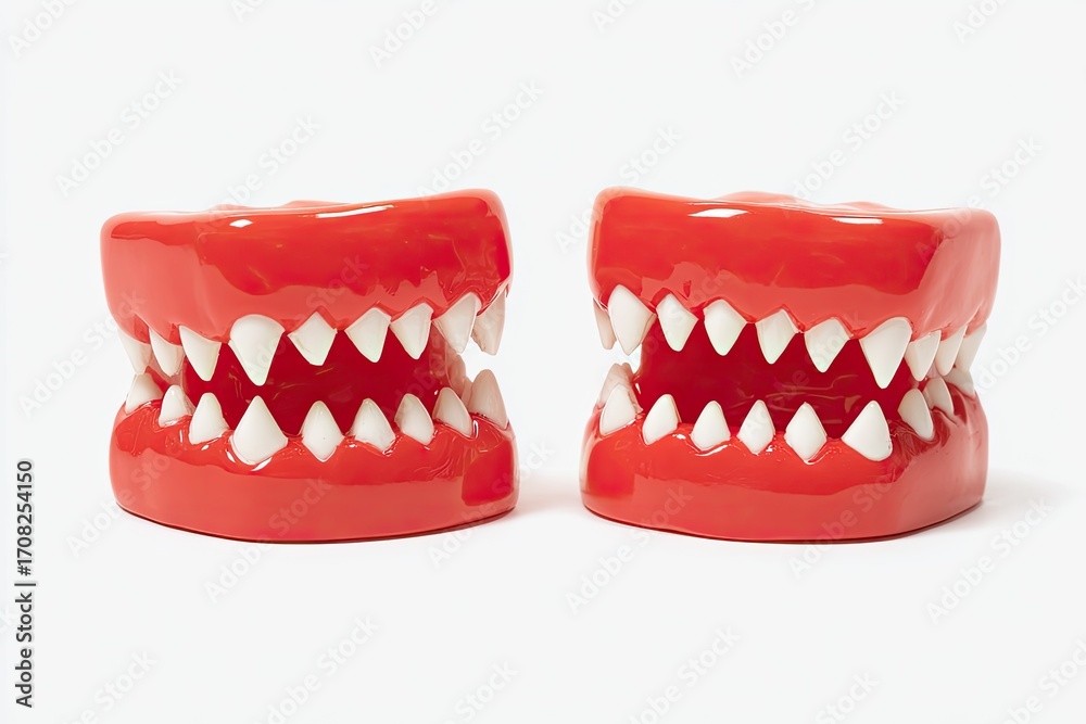 Obraz premium Two red plastic toy jaw sets with sharp teeth