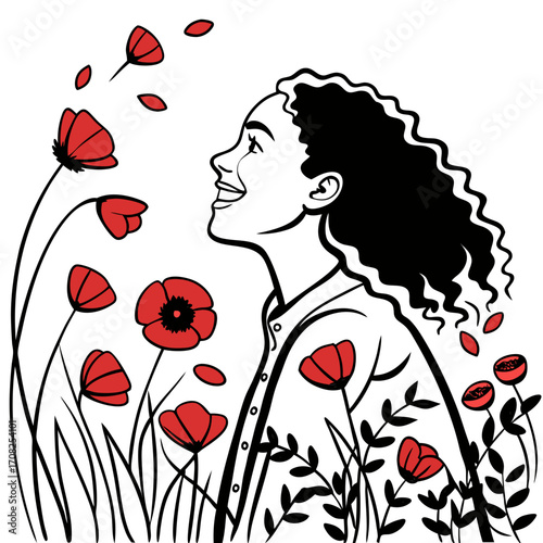 Joyful young woman with curly hair smiling and looking up surrounded by blooming red poppies and falling petals