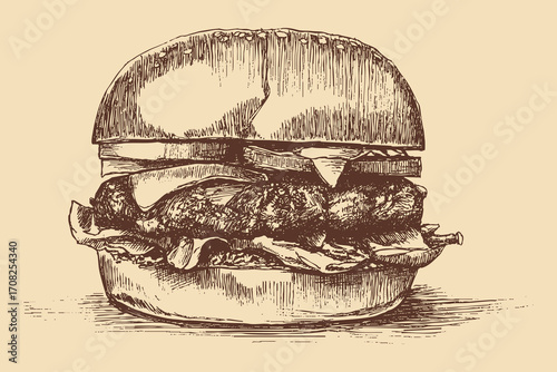 Hamburger illustration in a vintage style. This vector illustration can be used in any size you like for advertising, logos, and other work.