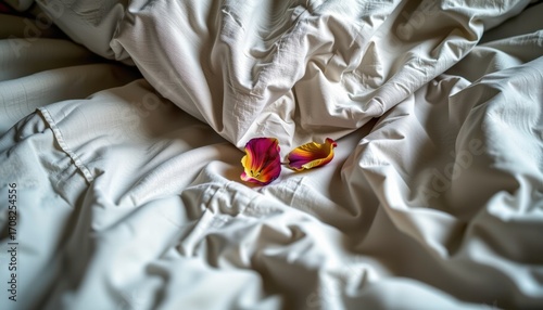Dried flower petals scattered on white sheets illuminated by gentle window light in a romantic setup.