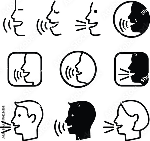 Speaking icons, voice command symbols, communication graphics, sound wave profiles, black and white vector, speech interface, audio, talking person, vocalization, user interaction